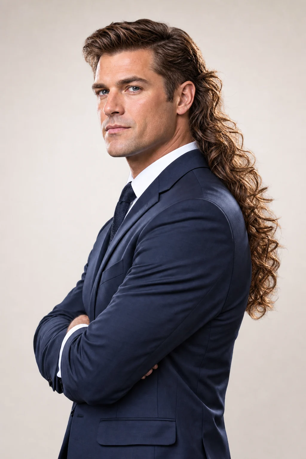 A serious executive in a navy suit, arms crossed, with a long curly mullet down his back